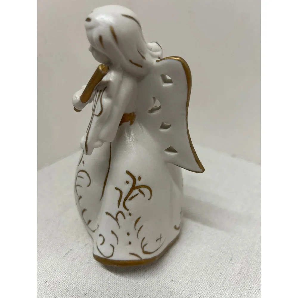 White Bisque Angel Figurine Playing Violin Gold‎ Trim Angel Christmas Decor